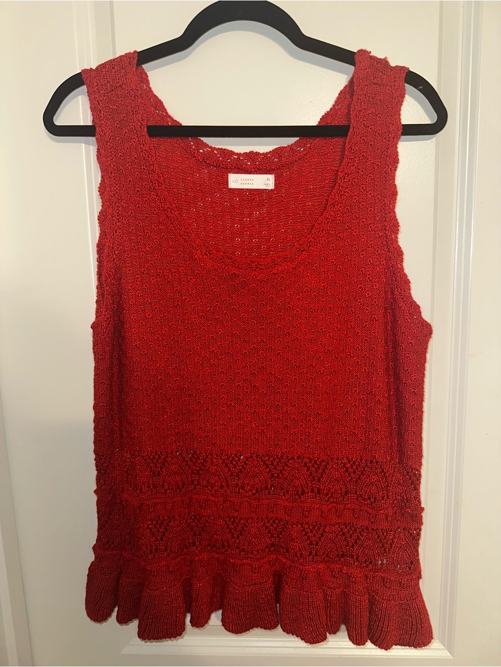 LC Lauren Conrad Red Crochet Knit Ruffle-Hem Tank